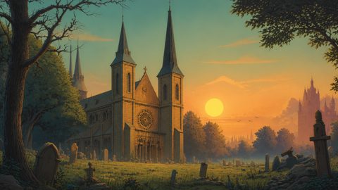 GRID THUMBNAIL — Gothic cathedral with twin spires rises above an overgrown graveyard at sunset, golden light, distant castle silhouettes and birds across a tranquil sky.