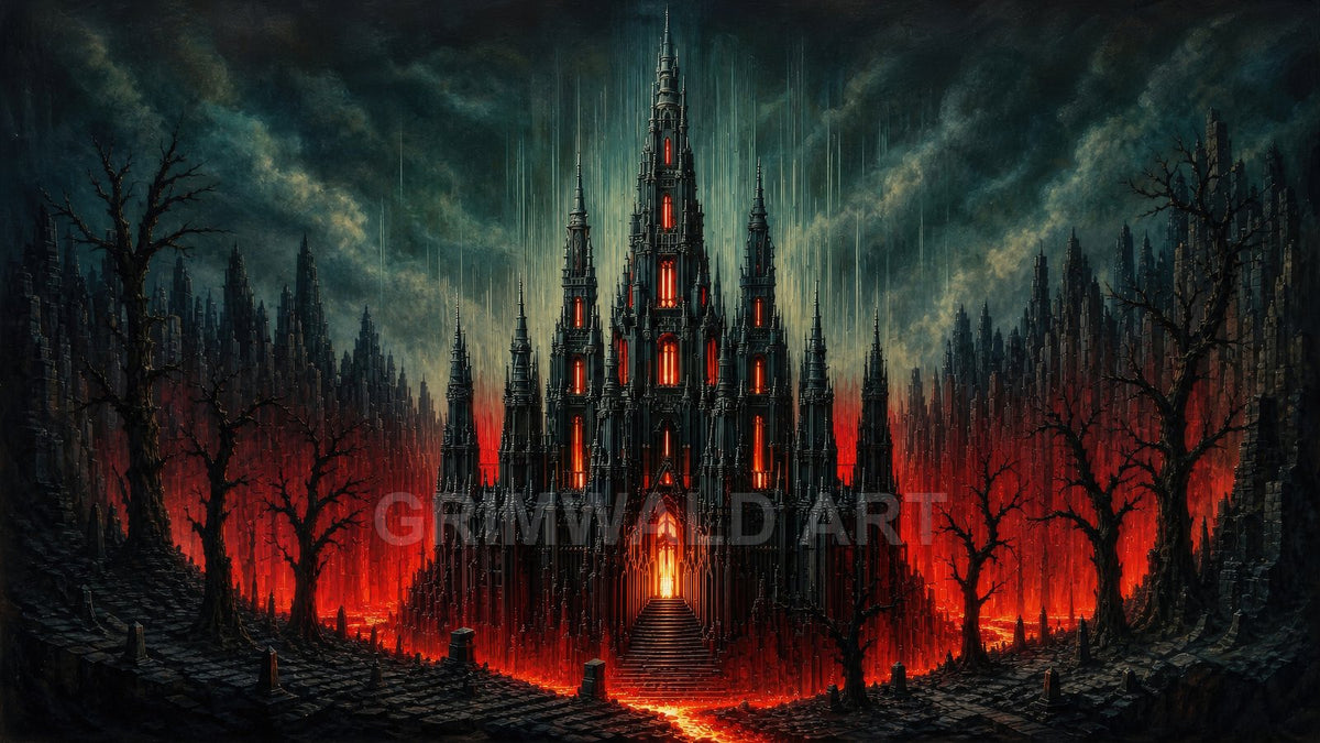 A towering gothic cathedral with glowing red windows rises amid lava flows and dead trees under a stormy dark sky, viewed front-on.