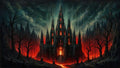 GRID THUMBNAIL — A towering gothic cathedral with glowing red windows rises amid lava flows and dead trees under a stormy dark sky, viewed front-on.