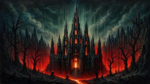GRID THUMBNAIL — A towering gothic cathedral with glowing red windows rises amid lava flows and dead trees under a stormy dark sky, viewed front-on.