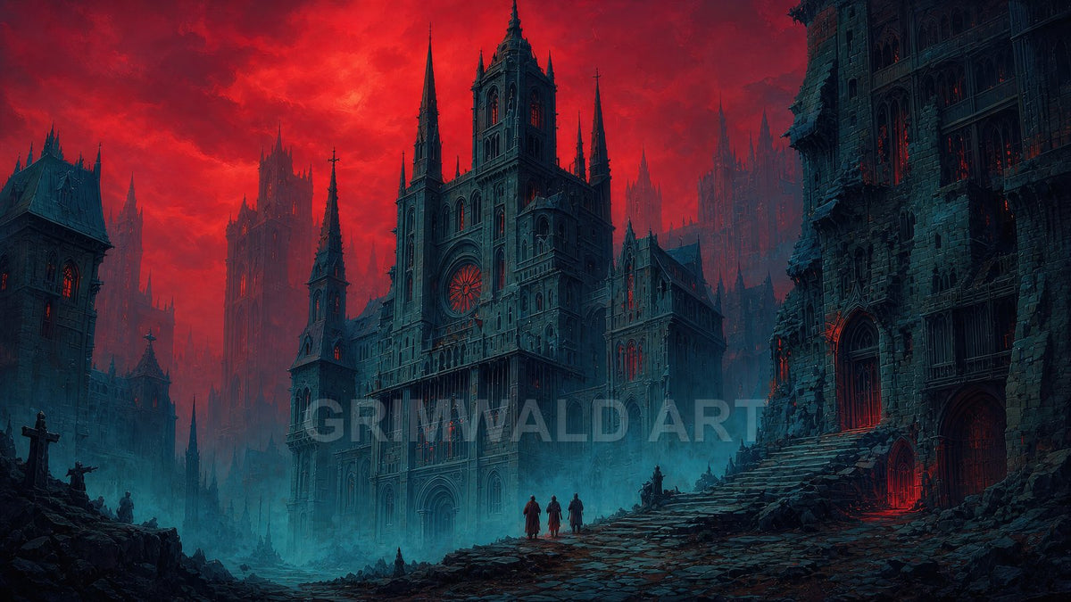 Gothic cathedral towers rise over a mist-shrouded ruined city beneath a blood-red sky, with small robed figures ascending worn stone steps.