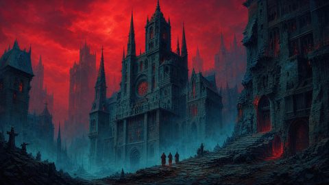 GRID THUMBNAIL — Gothic cathedral towers rise over a mist-shrouded ruined city beneath a blood-red sky, with small robed figures ascending worn stone steps.