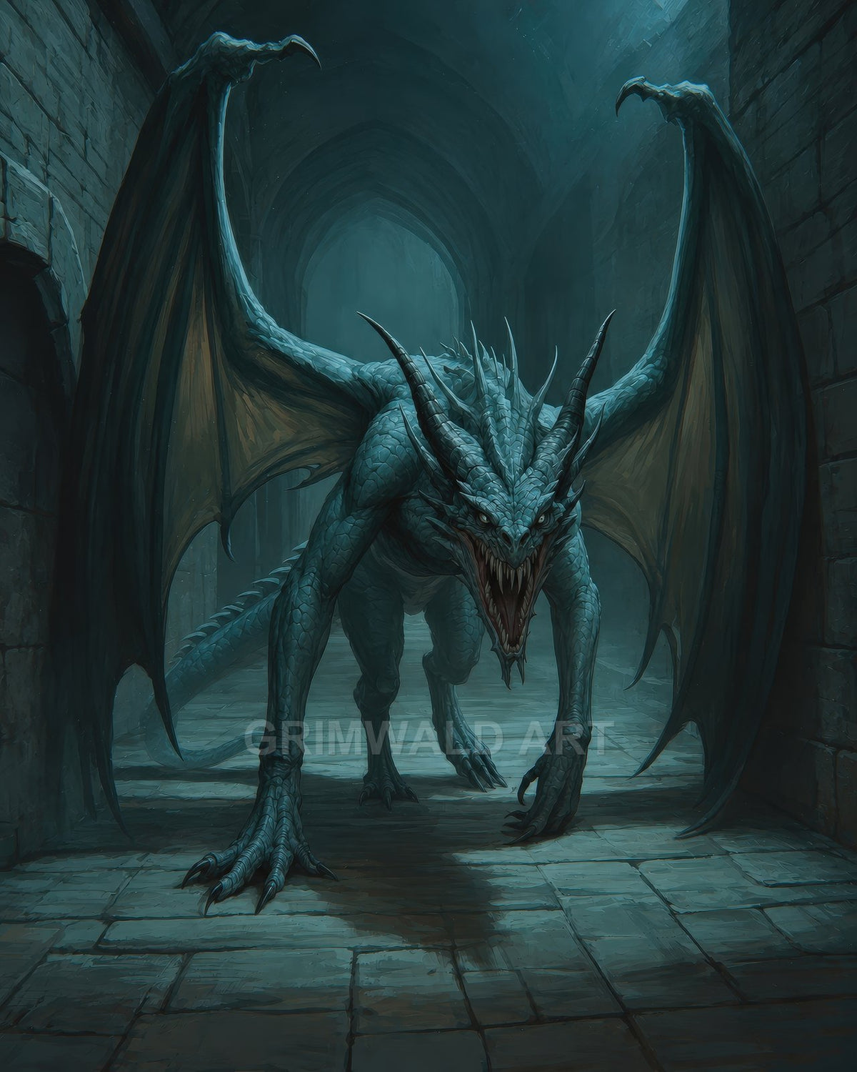 A snarling teal-scaled dragon prowls through a dark stone hall with gothic arches, wings spread and claws extended in cold light.