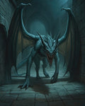 GRID THUMBNAIL — A snarling teal-scaled dragon prowls through a dark stone hall with gothic arches, wings spread and claws extended in cold light.