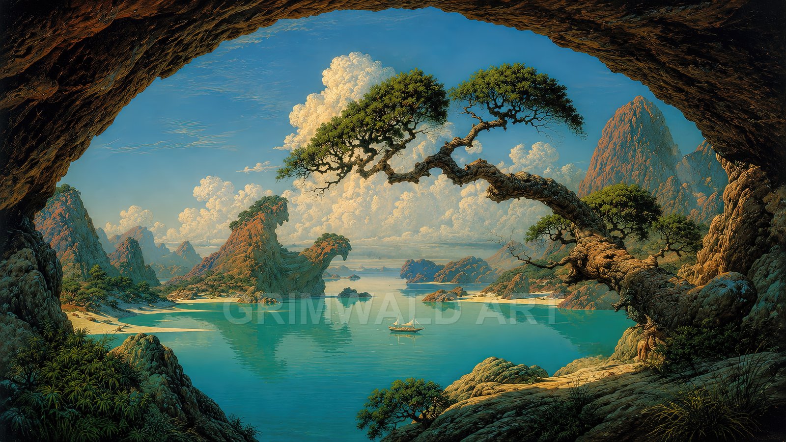 Fantasy seascape of turquoise lagoon and karst islands, framed by a dark cave and wind-twisted tree, with two small white-sailed boats.