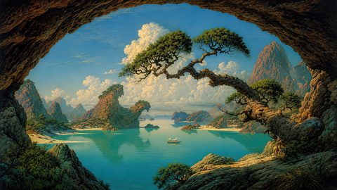 GRID THUMBNAIL — Fantasy seascape of turquoise lagoon and karst islands, framed by a dark cave and wind-twisted tree, with two small white-sailed boats.
