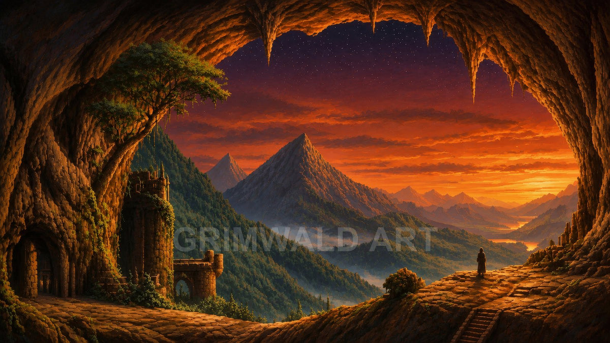 Wide view from a cave mouth across orange sunset sky, jagged mountains, misty valleys, river glints, ivy-clad ruins and a lone robed figure.