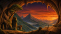 GRID THUMBNAIL — Wide view from a cave mouth across orange sunset sky, jagged mountains, misty valleys, river glints, ivy-clad ruins and a lone robed figure.