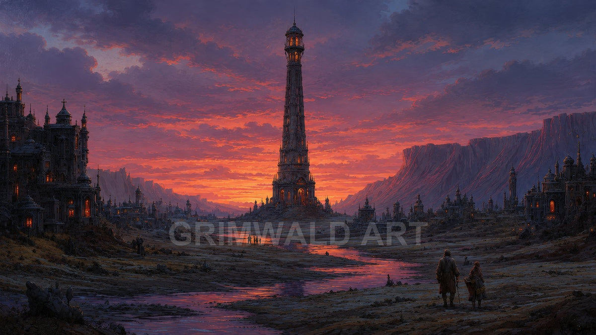 Tall central tower dominates a sprawling fantasy city beside a winding river, with orange-purple sunset clouds and distant cliffs softly aglow.