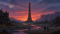 GRID THUMBNAIL — Tall central tower dominates a sprawling fantasy city beside a winding river, with orange-purple sunset clouds and distant cliffs softly aglow.