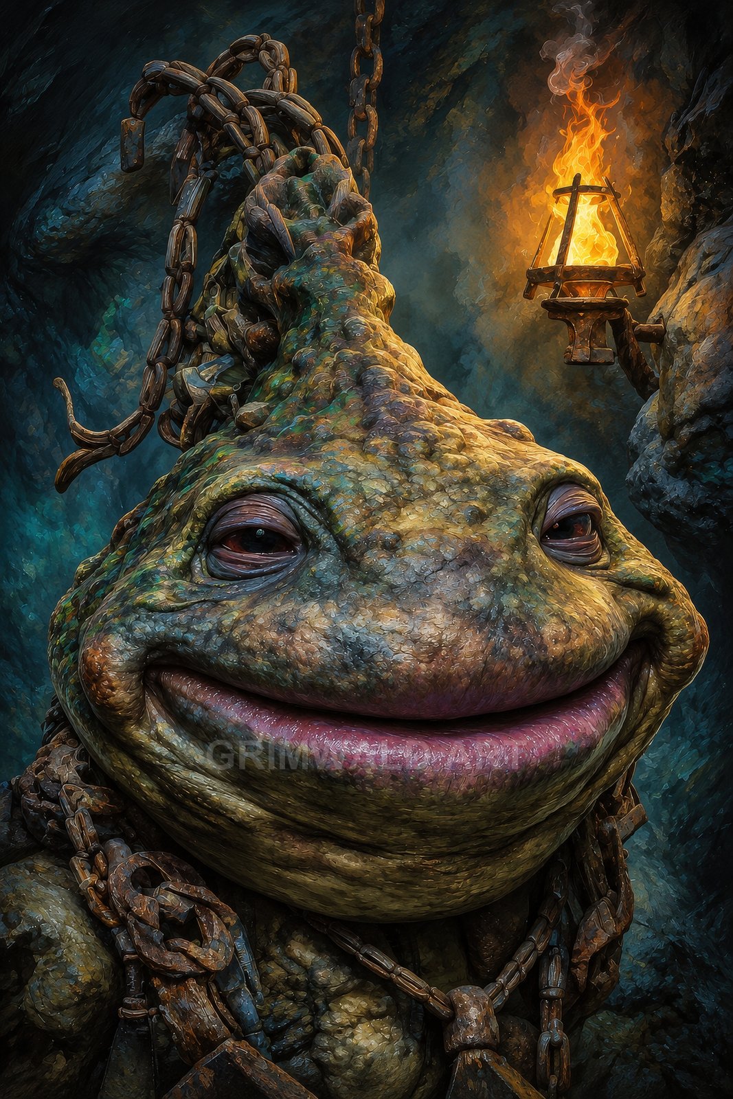 Close-up portrait of a giant toad-like creature draped in chains inside a rocky cave, lit by a burning wall torch.