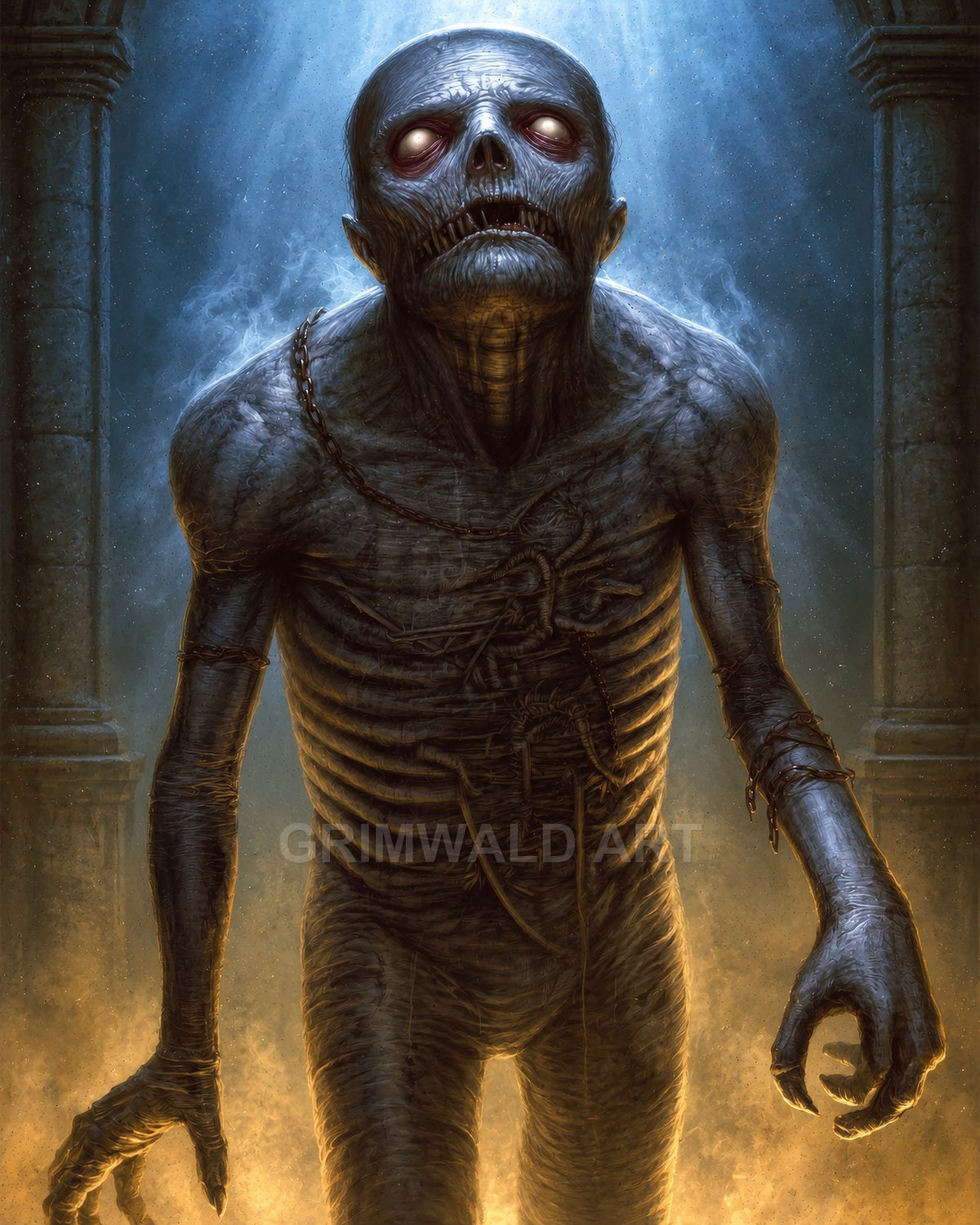 A towering undead mummy with glowing eyes and chains lurches forward in a moonlit crypt, blue light above and firelit haze below.