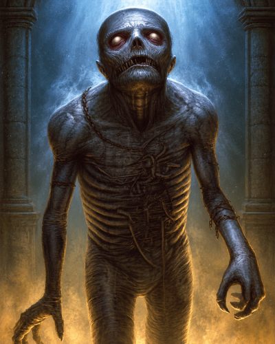 GRID THUMBNAIL — A towering undead mummy with glowing eyes and chains lurches forward in a moonlit crypt, blue light above and firelit haze below.