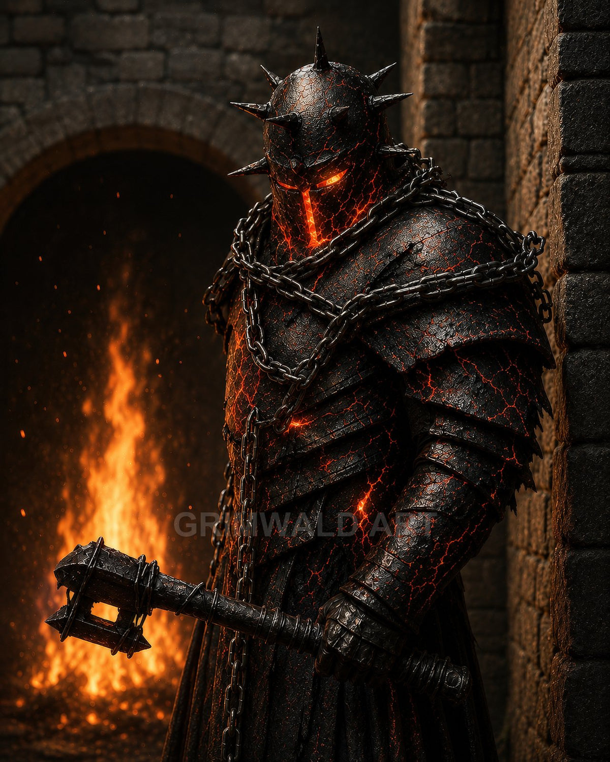 Armoured demon knight with glowing magma cracks and chains holds a spiked mace before a roaring fire in a stone dungeon.