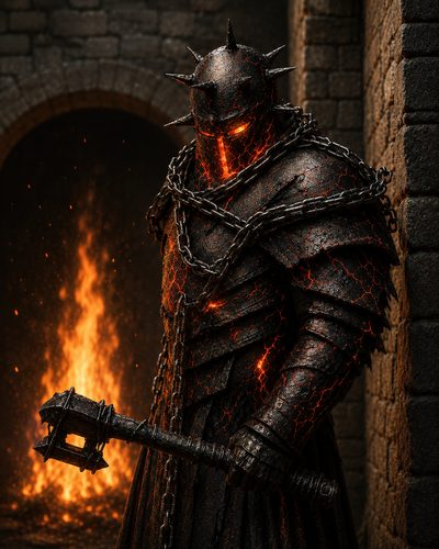 GRID THUMBNAIL — Armoured demon knight with glowing magma cracks and chains holds a spiked mace before a roaring fire in a stone dungeon.