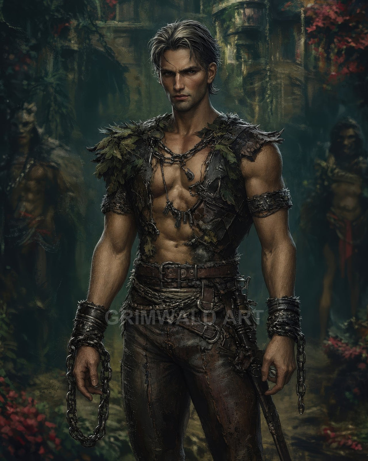 Muscular male ranger in leaf-patched leathers stands amid overgrown jungle ruins, chains on wrists, short sword and dagger at his belt.