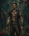 GRID THUMBNAIL — Muscular male ranger in leaf-patched leathers stands amid overgrown jungle ruins, chains on wrists, short sword and dagger at his belt.