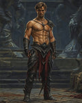 GRID THUMBNAIL — Bare-chested male warrior in dark spiked armour and chains stands on stone steps amid ancient ruins and statues, moody shadowed lighting.
