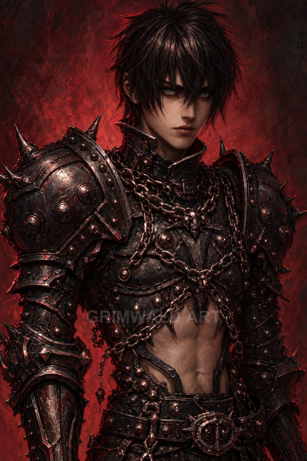 Dark-haired male knight in spiked, chain-draped black armour with bare midriff, gazing forward against a fiery red background with ominous lighting.