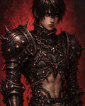 GRID THUMBNAIL — Dark-haired male knight in spiked, chain-draped black armour with bare midriff, gazing forward against a fiery red background with ominous lighting.