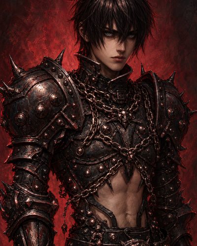 GRID THUMBNAIL — Dark-haired male knight in spiked, chain-draped black armour with bare midriff, gazing forward against a fiery red background with ominous lighting.