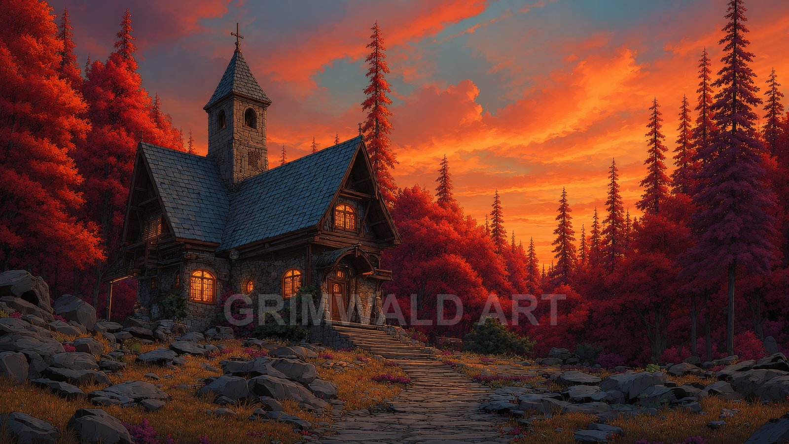 Stone chapel with glowing windows in a red forest under a vivid orange sunset sky, approached by a rocky winding path.