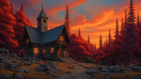 GRID THUMBNAIL — Stone chapel with glowing windows in a red forest under a vivid orange sunset sky, approached by a rocky winding path.