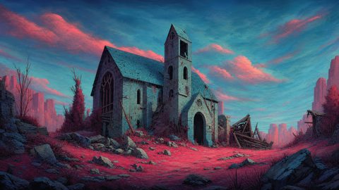 GRID THUMBNAIL — A ruined stone church with a bell tower in a red rocky wasteland, beneath a teal sky with pink twilight clouds and distant cliffs.