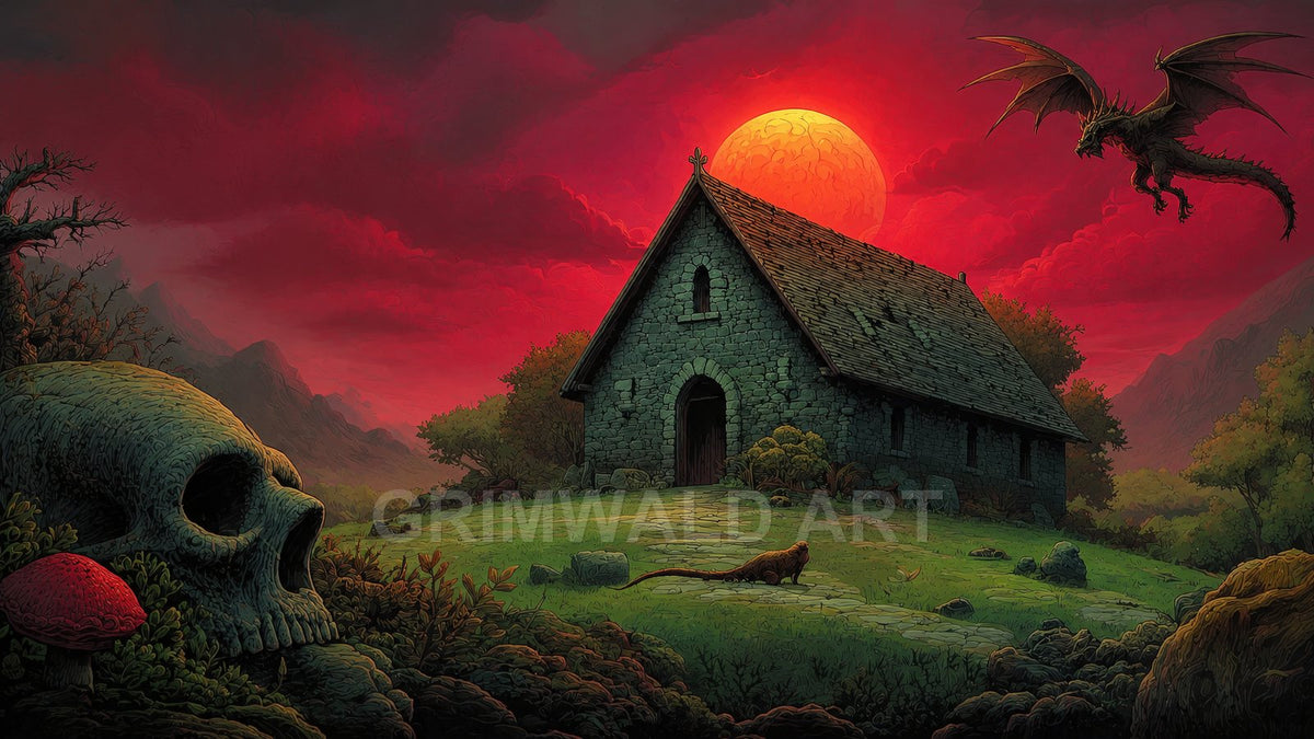 Stone chapel on grassy hill beneath a crimson moon, dragon circling overhead, giant skull and red toadstool among dark mountains and trees.