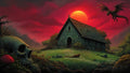 GRID THUMBNAIL — Stone chapel on grassy hill beneath a crimson moon, dragon circling overhead, giant skull and red toadstool among dark mountains and trees.
