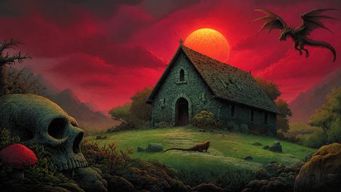 GRID THUMBNAIL — Stone chapel on grassy hill beneath a crimson moon, dragon circling overhead, giant skull and red toadstool among dark mountains and trees.