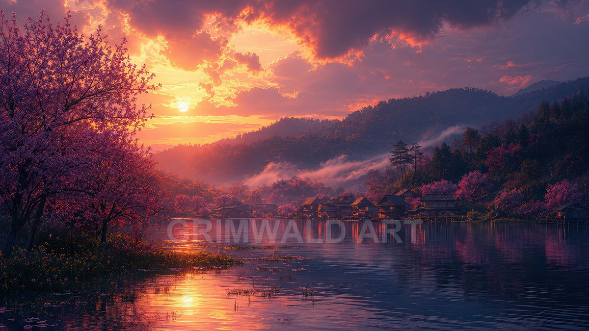 Sunset light glows over a calm lake and cherry blossom trees, with a misty mountain village reflecting in the water beneath dramatic clouds.