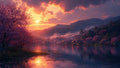 GRID THUMBNAIL — Sunset light glows over a calm lake and cherry blossom trees, with a misty mountain village reflecting in the water beneath dramatic clouds.