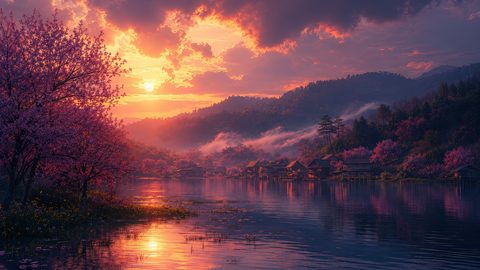GRID THUMBNAIL — Sunset light glows over a calm lake and cherry blossom trees, with a misty mountain village reflecting in the water beneath dramatic clouds.