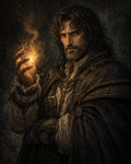 GRID THUMBNAIL — Bearded mage in ornate dark robes conjures a glowing ember in his raised hand against a moody, textured background, lit by warm firelight.