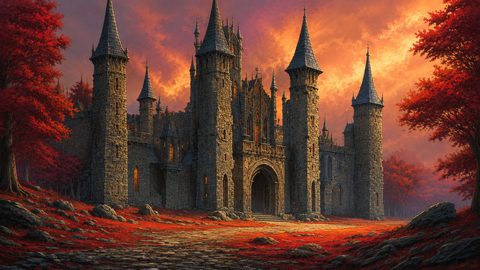 GRID THUMBNAIL — Grey stone castle with soaring spires and arched gate, warm windows glowing, framed by crimson trees and rocks under a blazing orange sunset sky.