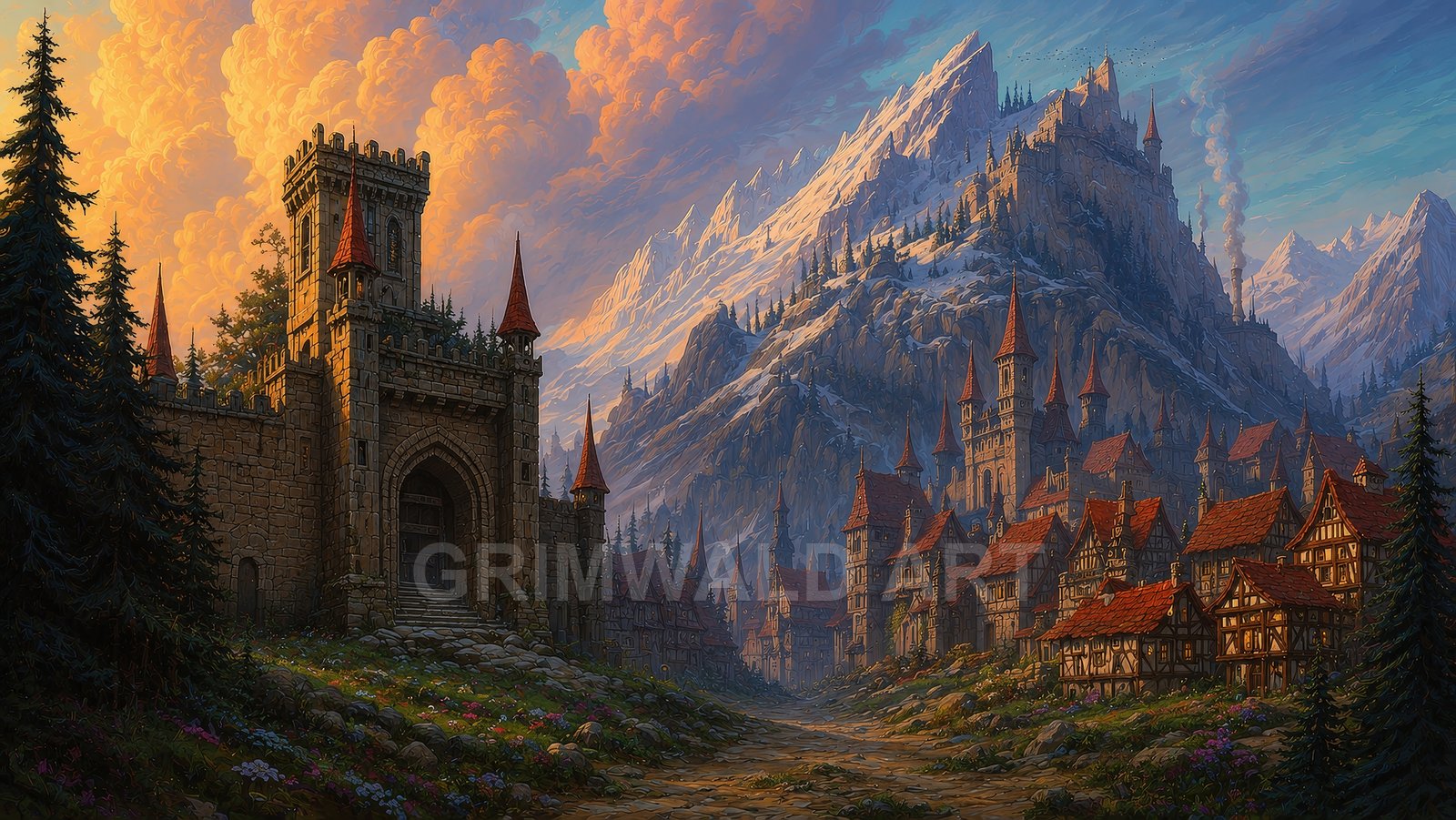 Medieval stone gate and timbered village beneath a snow-capped mountain crowned by a castle, lit by warm golden-hour clouds and cool blue light.