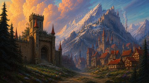 GRID THUMBNAIL — Medieval stone gate and timbered village beneath a snow-capped mountain crowned by a castle, lit by warm golden-hour clouds and cool blue light.