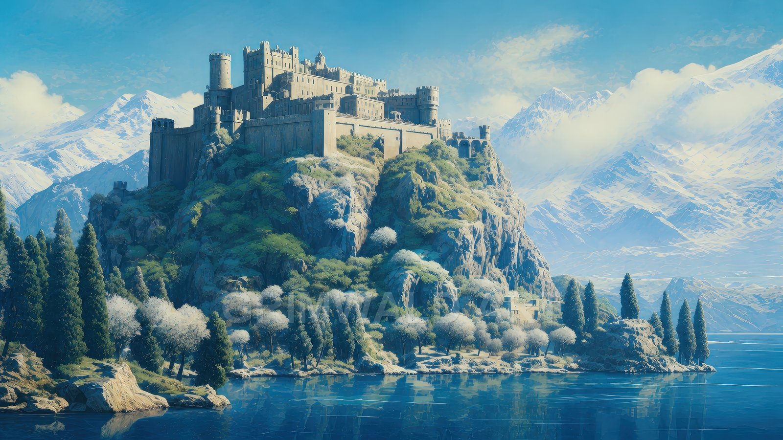 Grand stone castle crowns a rocky promontory above a calm blue lake, with snowy mountains and pines beneath a bright daytime sky.