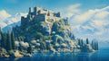 GRID THUMBNAIL — Grand stone castle crowns a rocky promontory above a calm blue lake, with snowy mountains and pines beneath a bright daytime sky.