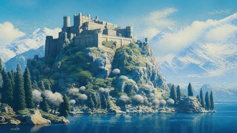 GRID THUMBNAIL — Grand stone castle crowns a rocky promontory above a calm blue lake, with snowy mountains and pines beneath a bright daytime sky.