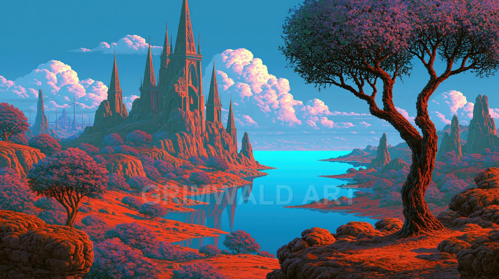 A retro fantasy landscape of a blue lake and red-rock shores, framed by a gnarled tree and a towering gothic castle beneath billowing clouds.