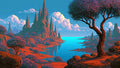 GRID THUMBNAIL — A retro fantasy landscape of a blue lake and red-rock shores, framed by a gnarled tree and a towering gothic castle beneath billowing clouds.