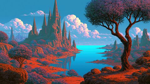 GRID THUMBNAIL — A retro fantasy landscape of a blue lake and red-rock shores, framed by a gnarled tree and a towering gothic castle beneath billowing clouds.