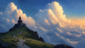 GRID THUMBNAIL — Hilltop stone castle with a red-roofed tower above a winding path, overlooking vast glowing clouds at golden hour beneath a deep blue sky.