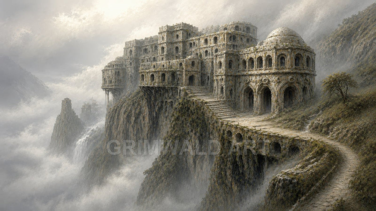 Stone fortress with arches and domes sprawls along a mountain ridge above clouds, a stairway and waterfall descending through misty daylight.