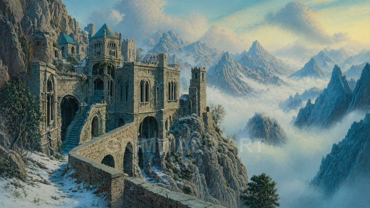 An ancient stone castle clings to a snowy mountain ridge, with arched bridges and stairways above mist-filled blue peaks in warm golden light.