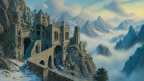 GRID THUMBNAIL — An ancient stone castle clings to a snowy mountain ridge, with arched bridges and stairways above mist-filled blue peaks in warm golden light.