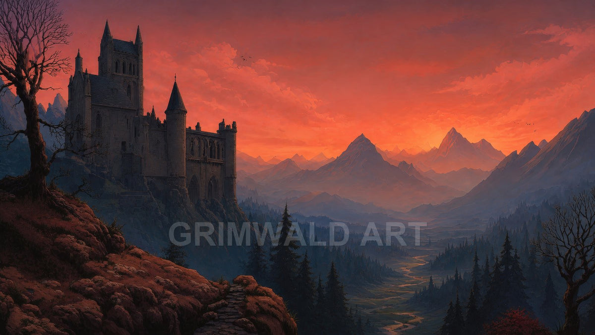 A gothic stone castle on a rocky cliff above a pine-filled valley and winding river beneath a fiery orange sunset, distant mountains receding in haze.