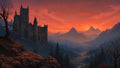 GRID THUMBNAIL — A gothic stone castle on a rocky cliff above a pine-filled valley and winding river beneath a fiery orange sunset, distant mountains receding in haze.